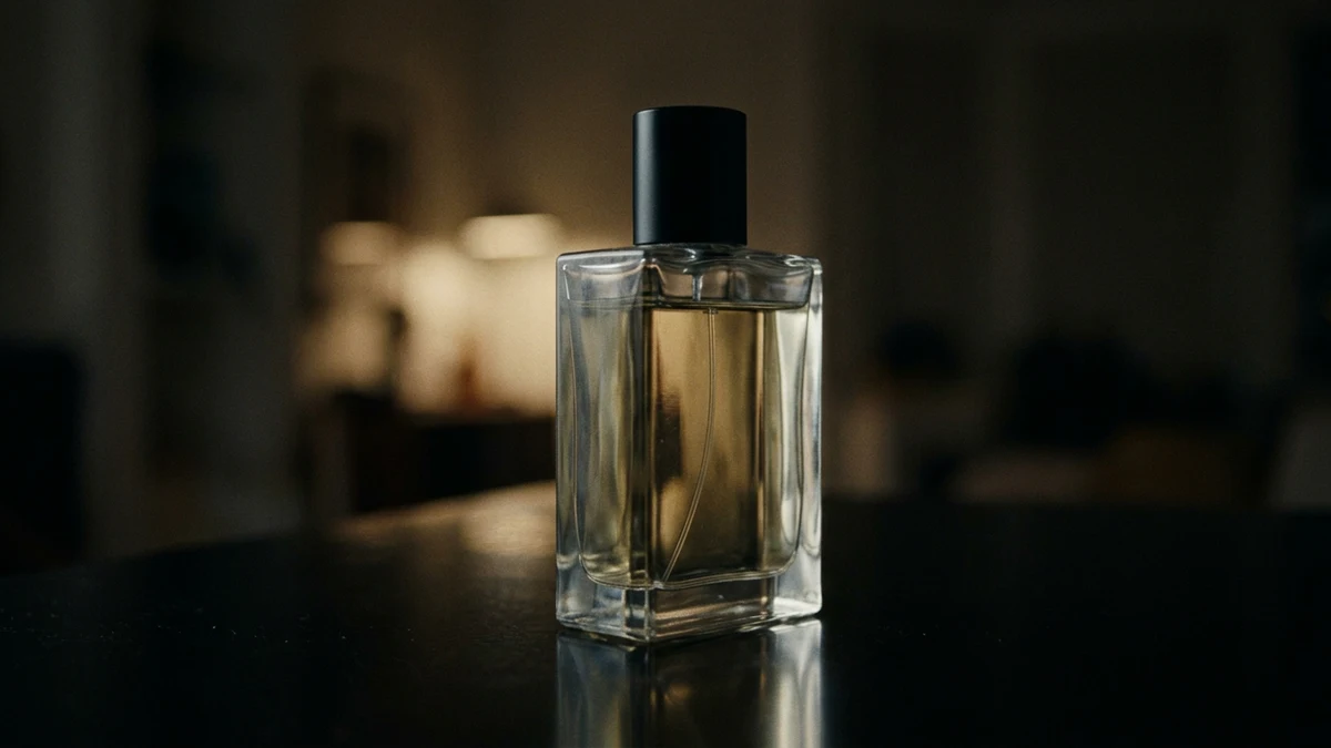 زجاجة عطر على سطح داكن عاكس مع ظل واقعي وانعكاس على الأرضية